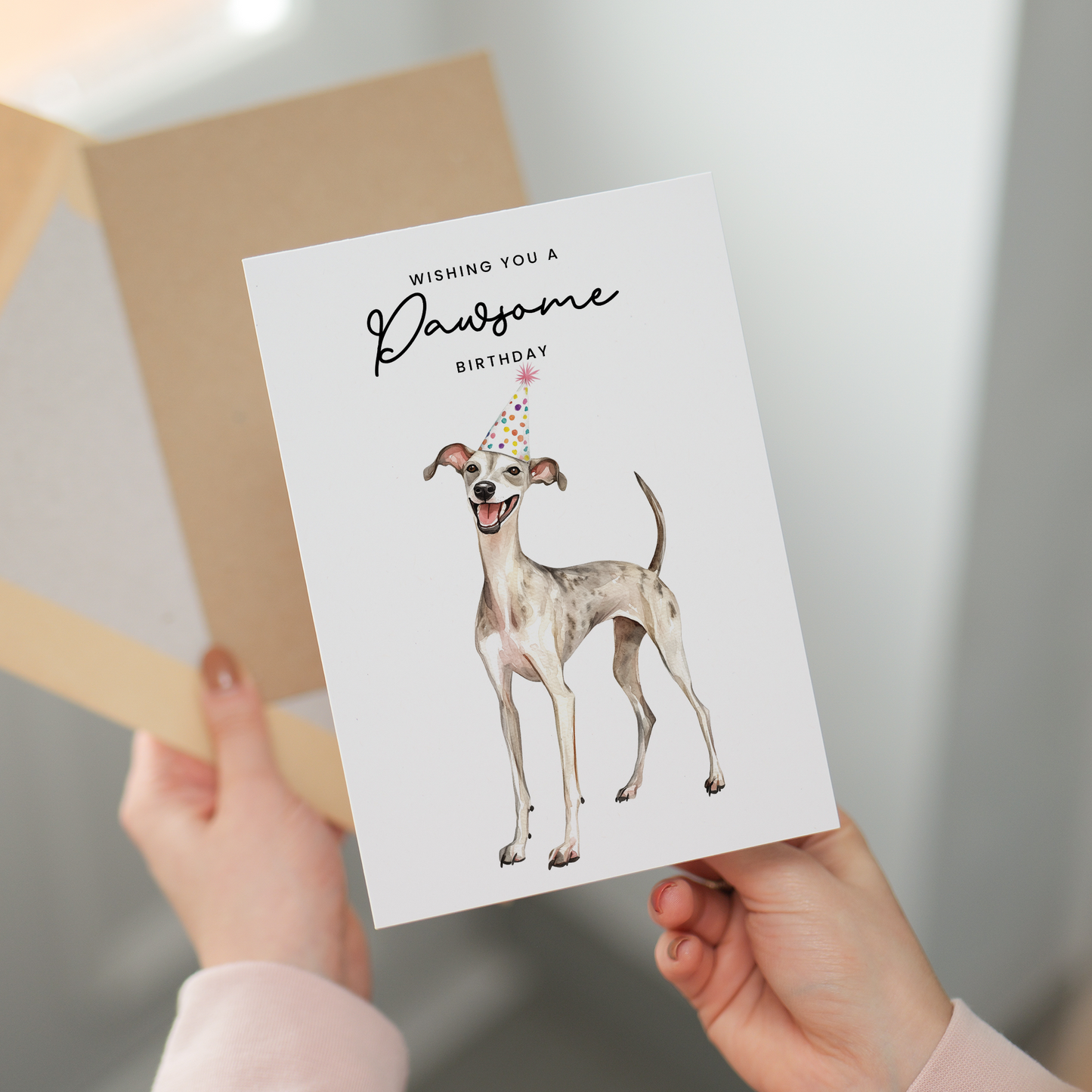 Whippet Birthday Card – Cute Dog Lover Card with Party Hat – Pawsome Birthday Greeting Card for Dog Owners