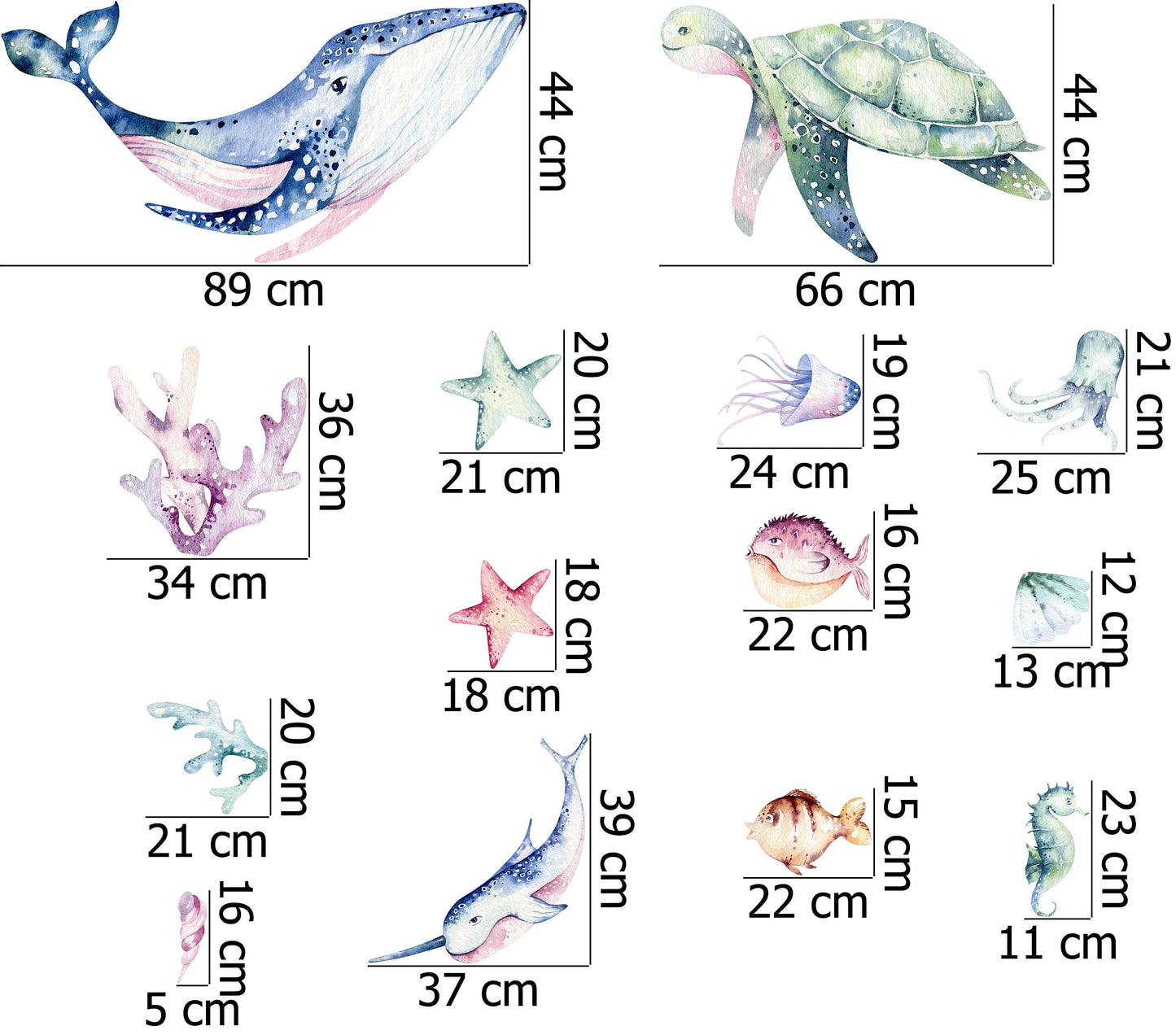 Ocean Wall Decal - Watercolour Sea Life Stickers - Colourful Ocean Theme