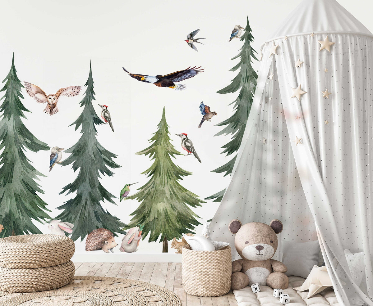 Large Forest Tree Wall Decals | Watercolour Pines, Owls & Birds | Nursery Decor