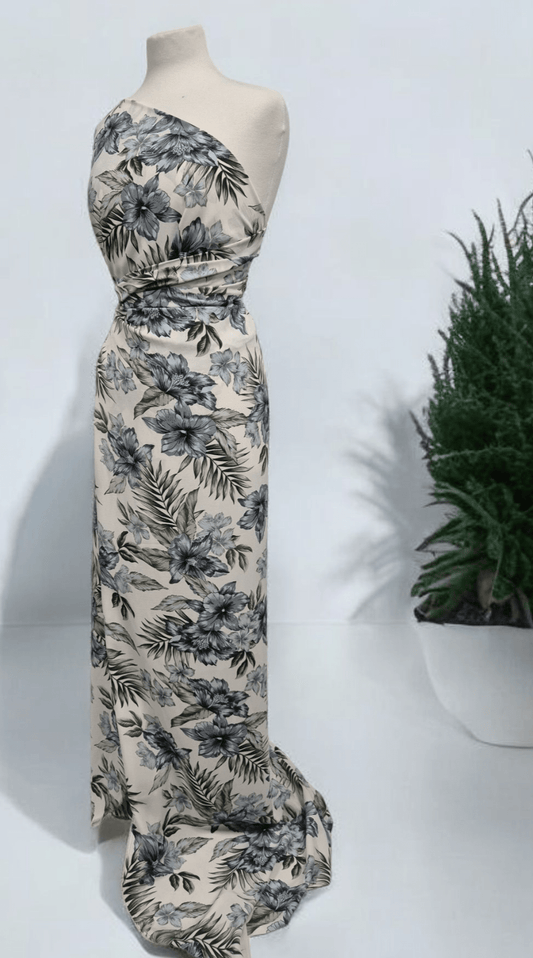 Ivory Blue Leaf Floral Lightweight Non Stretch Woven Fabric