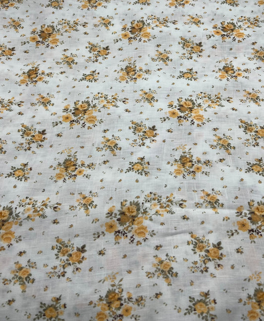Ivory Yellow Floral Polyester Linen Non Stretch Fabric