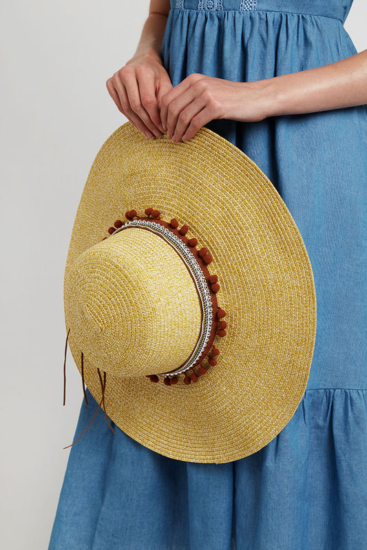 Louche January Large Brim Straw Hat With Pom Trim