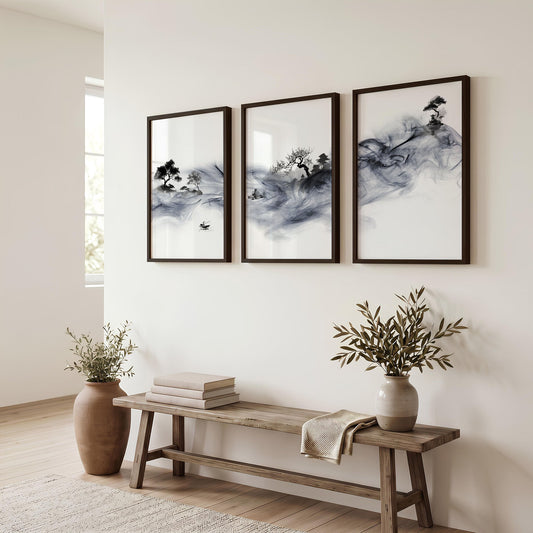 Japanese Art Prints UK | Ink Wash Landscape with Fisherman, Trees & Pagoda | Set of 3