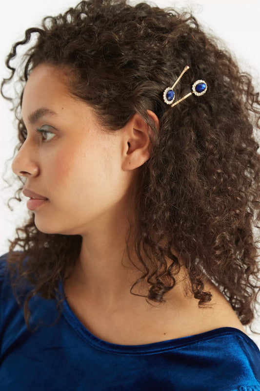 Kat Set Of 3 Gold and Blue Stone Hair Clips