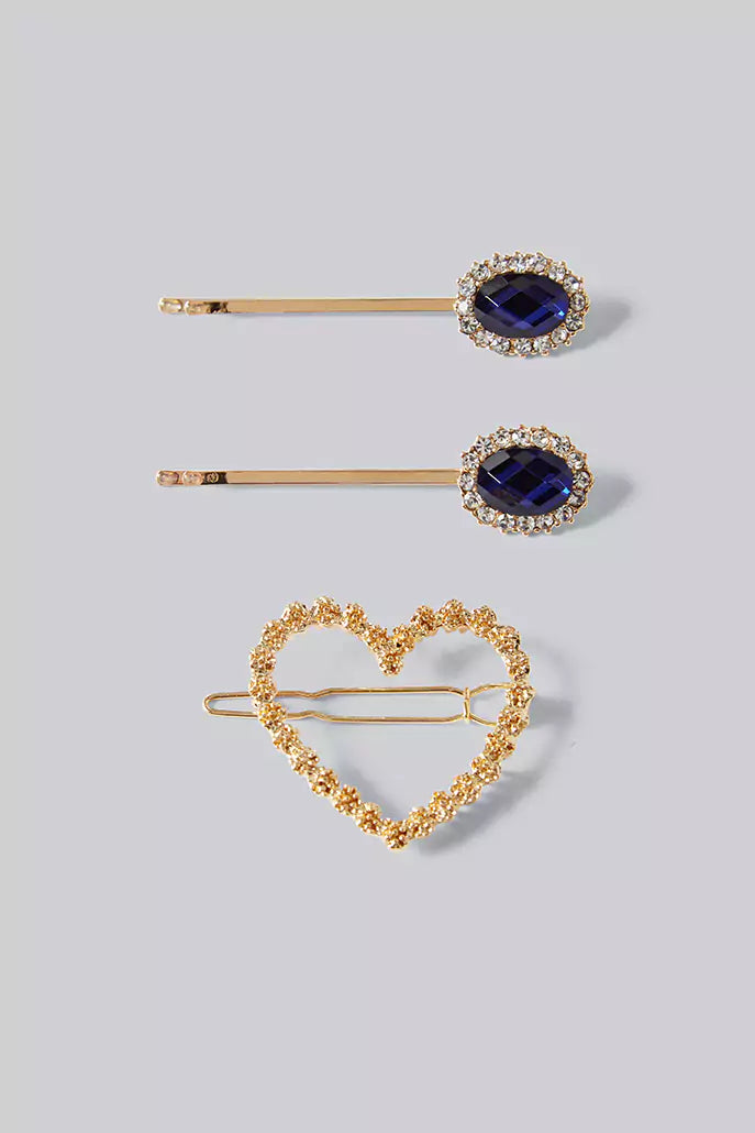 Kat Set Of 3 Gold and Blue Stone Hair Clips
