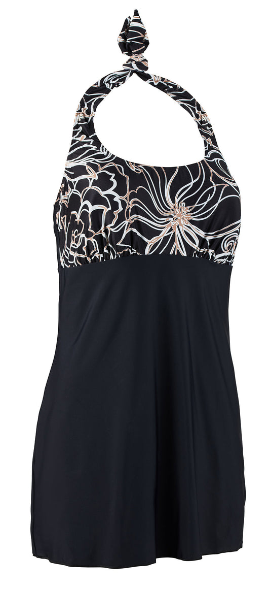 Women’s Incontinence Swim Dress with Built-In Waterproof Briefs – Black Floral