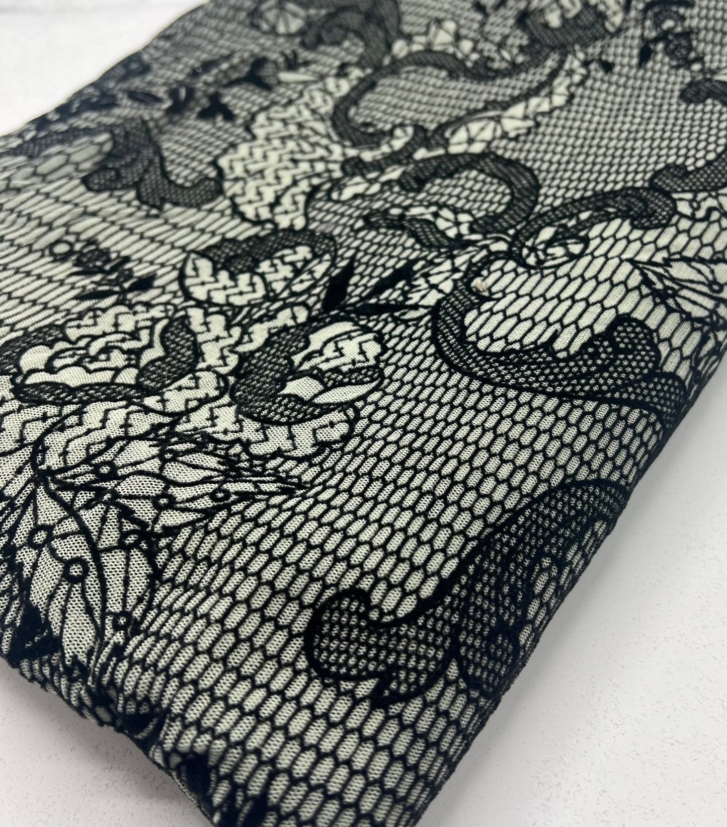 Khaki Green Floral Embossed Flocked Mesh Fabric 2 Way Stretch