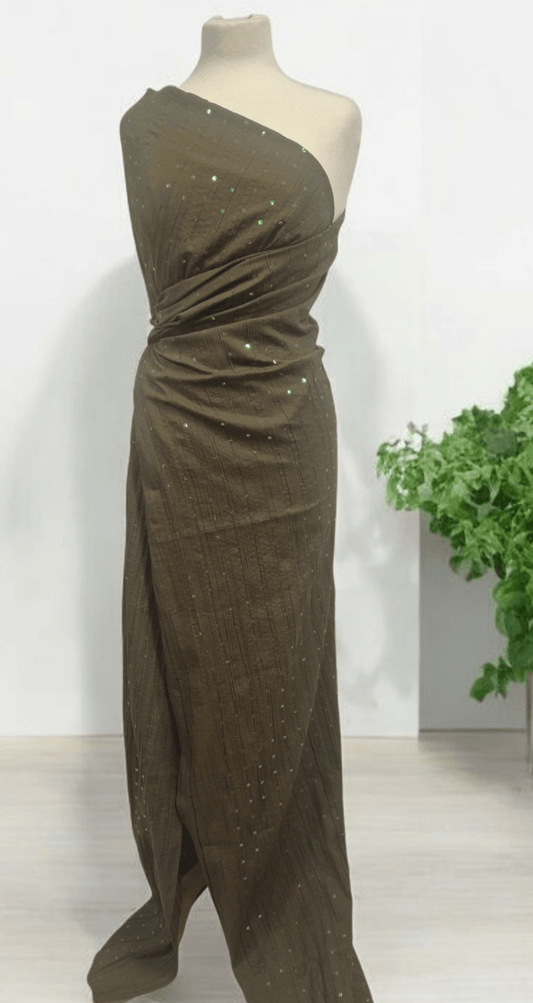 Khaki Sequin Crinkled Lightweight Non Stretch Woven Fabric