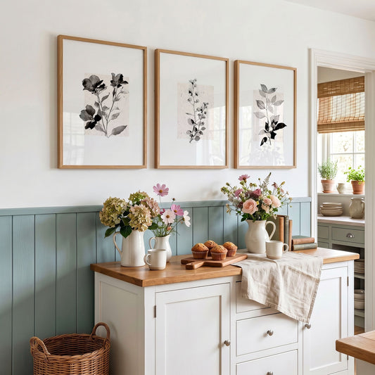 Kitchen Art Wall Decor French Country Botanical Ivory Grey Floral Prints | Set of 3