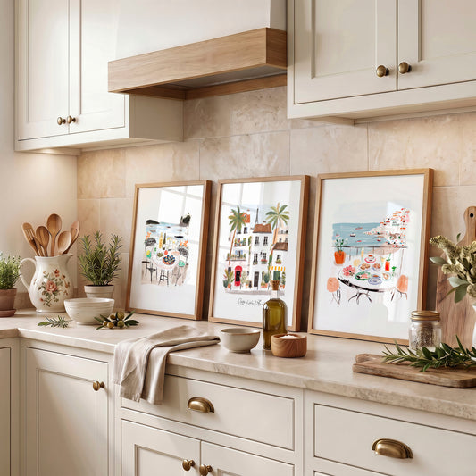 Kitchen Paintings for Wall "Sotto il Sole di Amalfi" Mediterranean Coastal Watercolour Art Prints | Set of 3