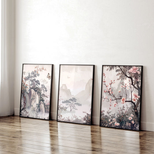 Large Artwork For Walls | Set of 3 Chinoiserie Wall art Prints