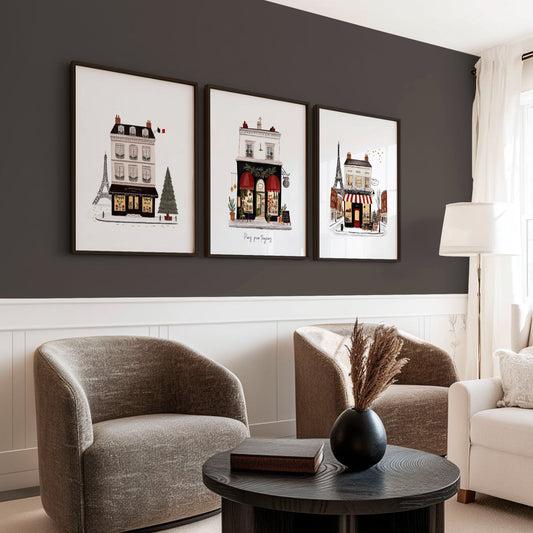 Large Framed Wall Pictures for Living Room Paris Boutique Street Scenes "Paris, pour toujours" | Set of 3