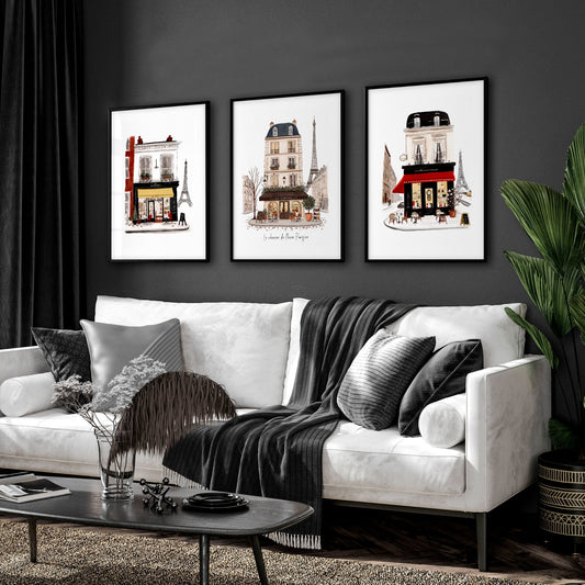 Large Living Room Wall Art Paris Street Café Scenes in Beige, Black & Bordeaux | "Le charme de l'hiver Parisien" | Set of 3