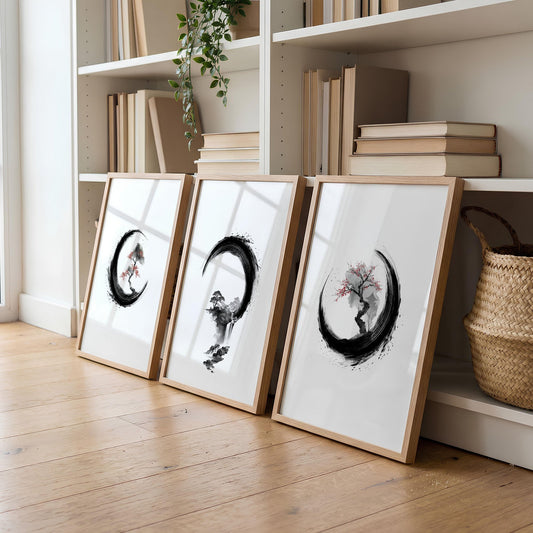 Large Painting for Living Room Japandi Enso Circle Ink Wall Art Prints | Set of 3