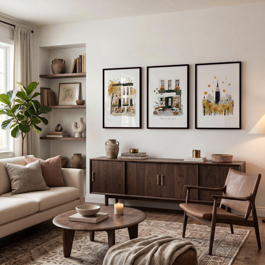 Large Paintings for Living Room Wall "Autumn in New York" NYC Travel Wall Art Prints | Set of 3