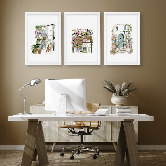 Large Wall Art Green Cottage Flower Shop Illustration | Set of 3