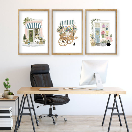 Large White Framed Pictures Botanical Flower Shop & Cottage Door Wall Art Prints | Set of 3