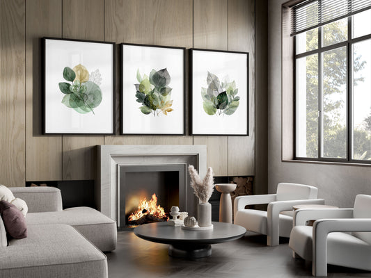 Leaves Print Watercolour Botanical Green & Gold-Tone Wall Art | Set of 3