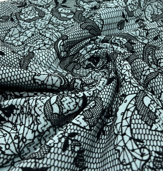 Light Blue Floral Embossed Flocked Mesh Fabric 2 Way Stretch