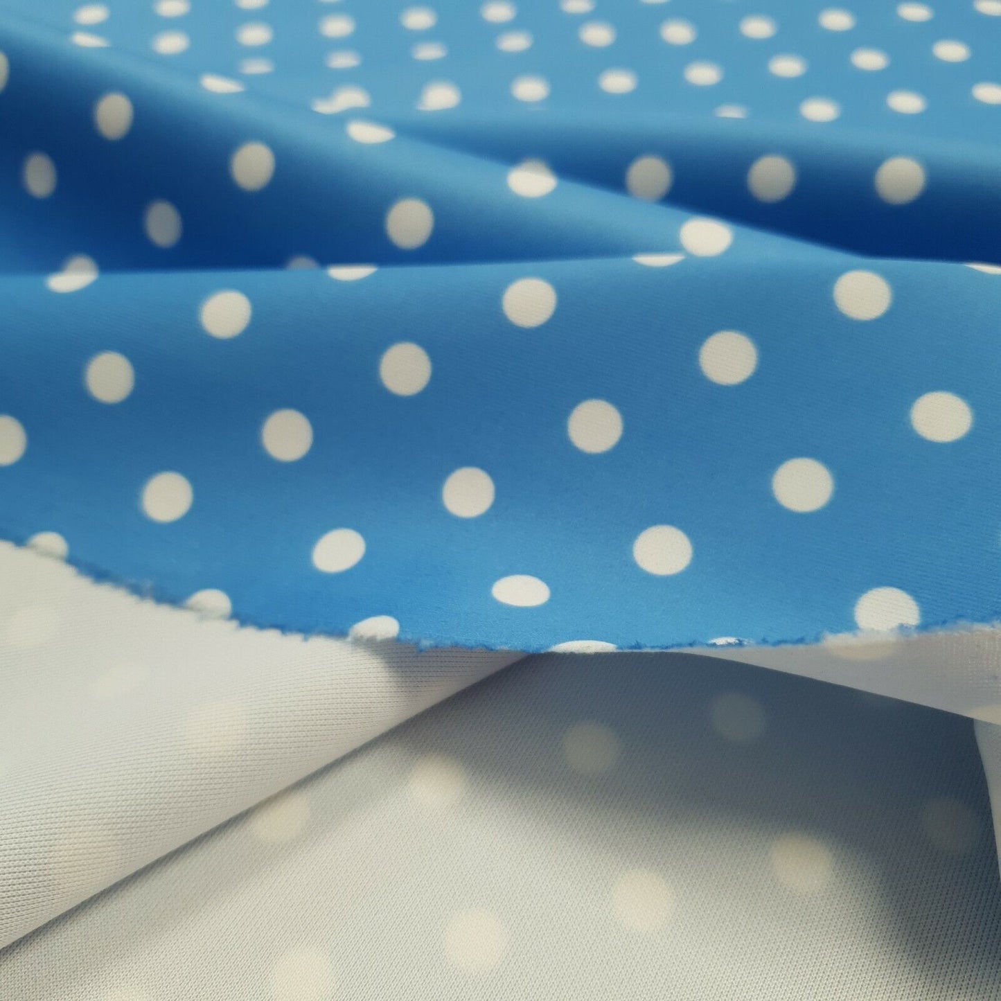 Light Blue White Polka Dot Printed Plain Scuba 4 Way Stretch Jersey Fabric