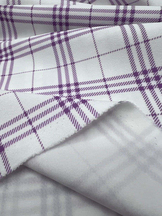 Lilac Check Printed Scuba Crepe Jersey Fabric 4 Way Stretch
