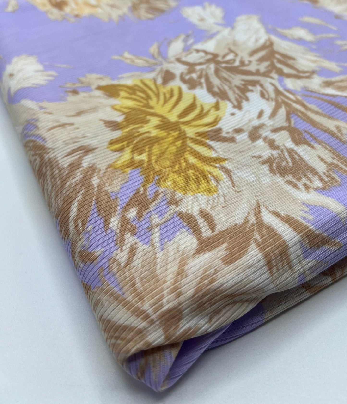 Lilac Floral Print 2X1 Fine Rib Stretch Fabric
