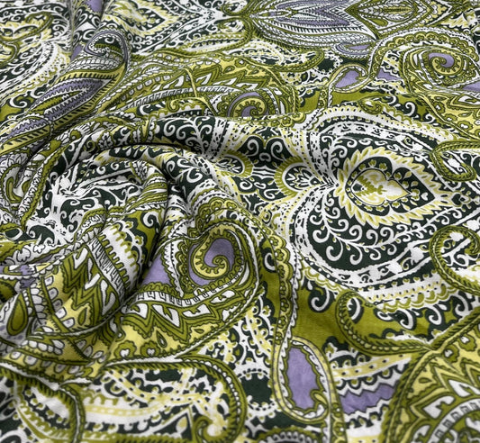 Lime Paisley Mix Print Viscose Elastane Fabric
