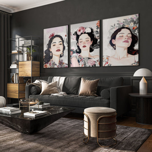 Living Room Art Paintings | Set of 3 Boho Women Wall art Prints