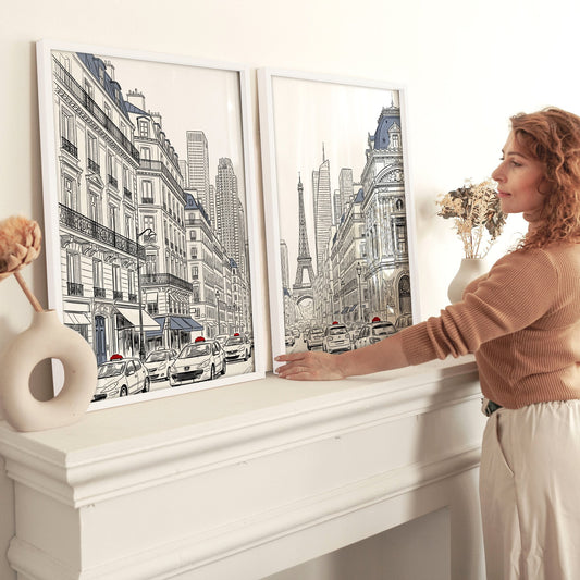 Living Room Art Pictures Paris Street Scene & Eiffel Tower Sketch | Set of 2