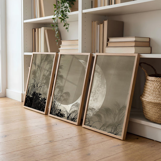 Japandi Crescent Moon & Pampas Grass Living Room Canvas Art | Set of 3