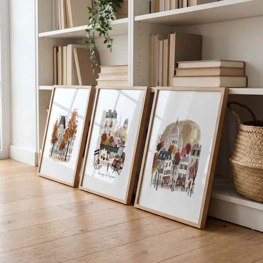 Paris Travel Living Room Wall Art Prints | Autumn Louvre, Eiffel Tower & Montmartre | Set of 3