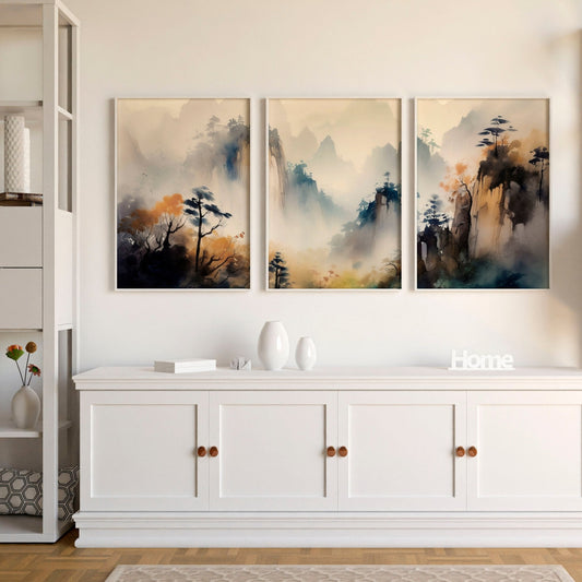 Living Room Wall Decor Modern | Set of 3 Asian Inspired Wall art Prints
