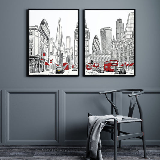 London Abstract Art | Black, White & Red City Skyline Wall Art Prints | Set of 2