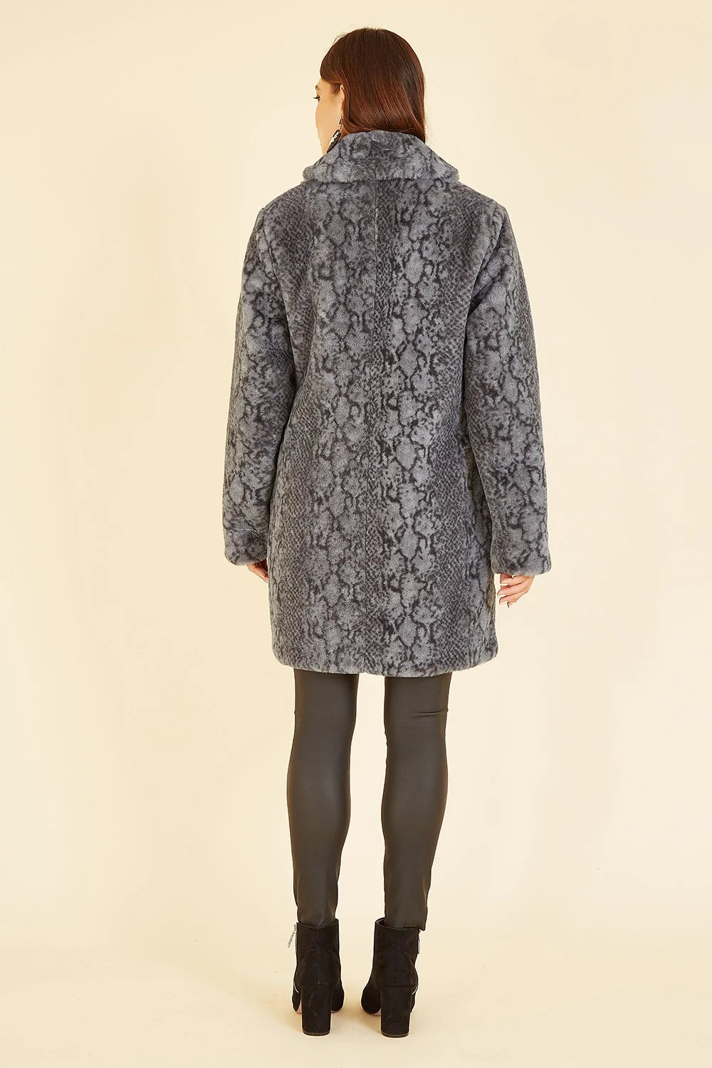 Yumi Grey Snakeskin Print Faux Fur Coat