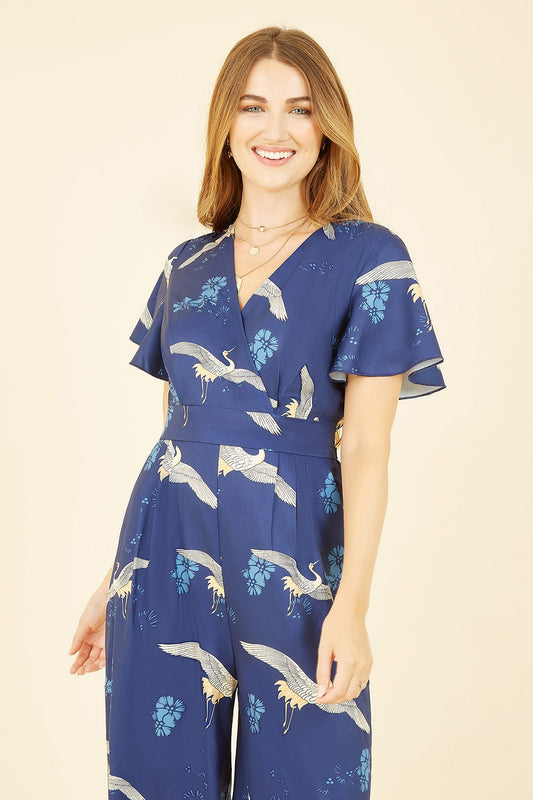 Yumi Black Crane Print Angel Sleeve Jumpsuit