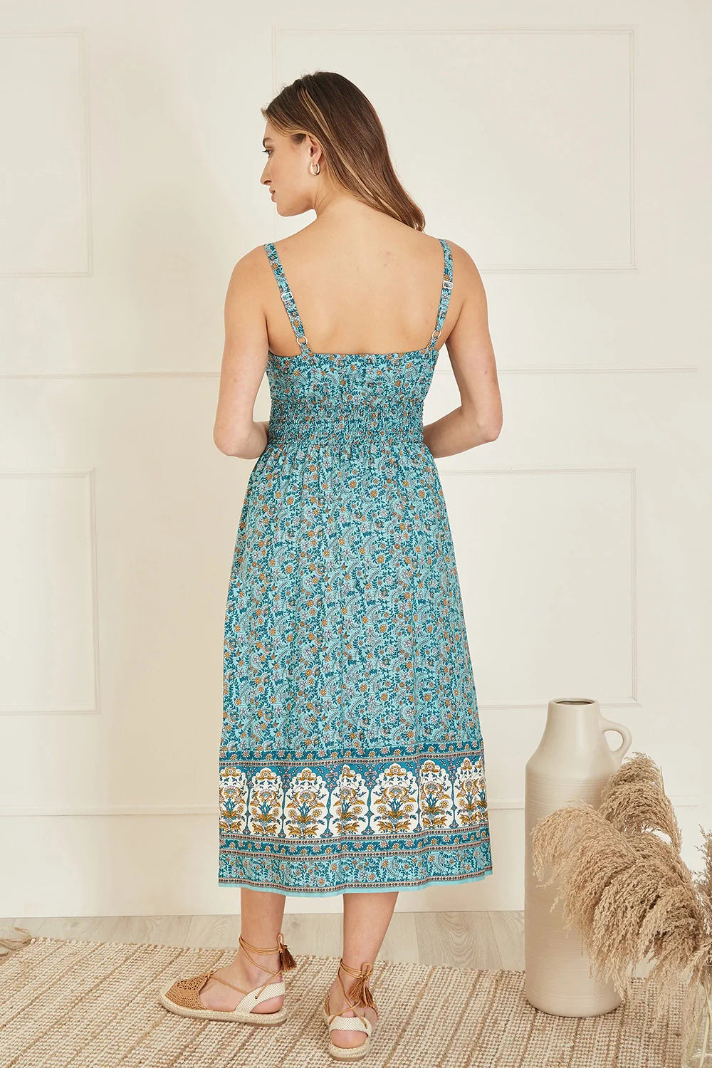 Yumi Green Border Floral Midi Sundress