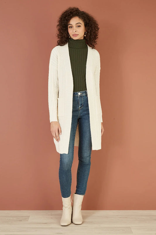 Yumi Ivory Cable Knit Edge to Edge Long Cardigan With Pockets