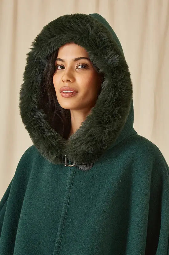 Yumi Green Cape With Luxe Fur Trim And Lining