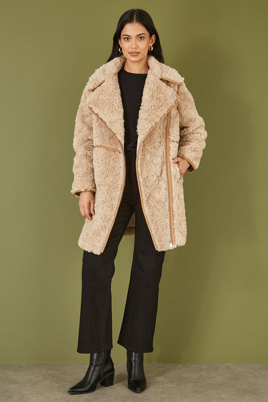 Yumi Brown Textured Borg Long Line Biker Coat