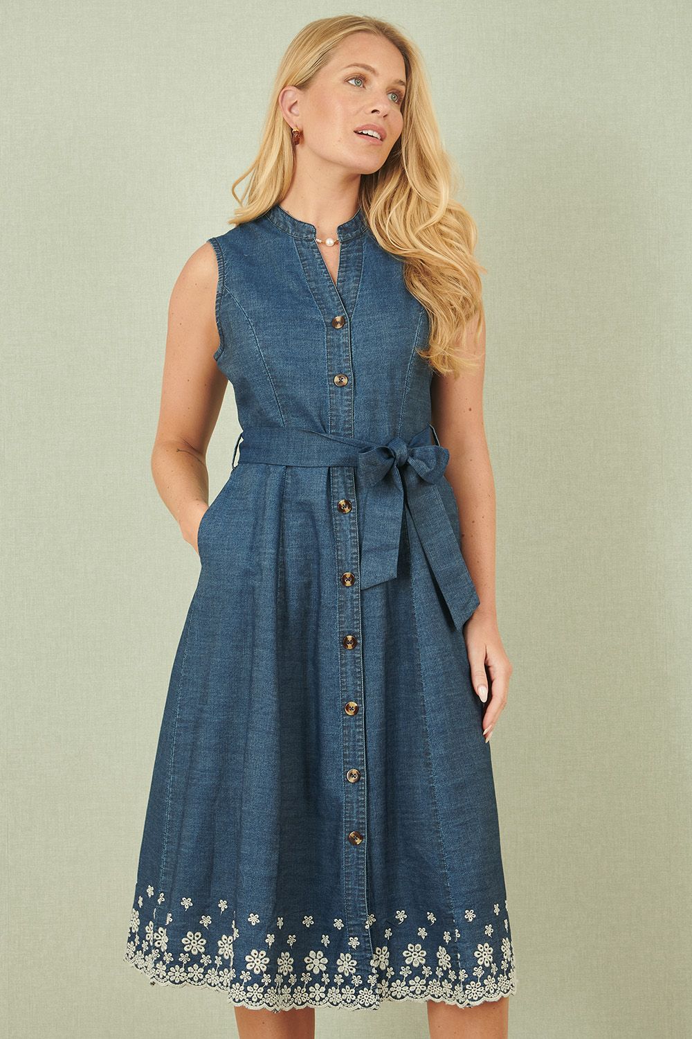 Yumi Blue Chambray Cotton Midi Embroidered Shirt Dress