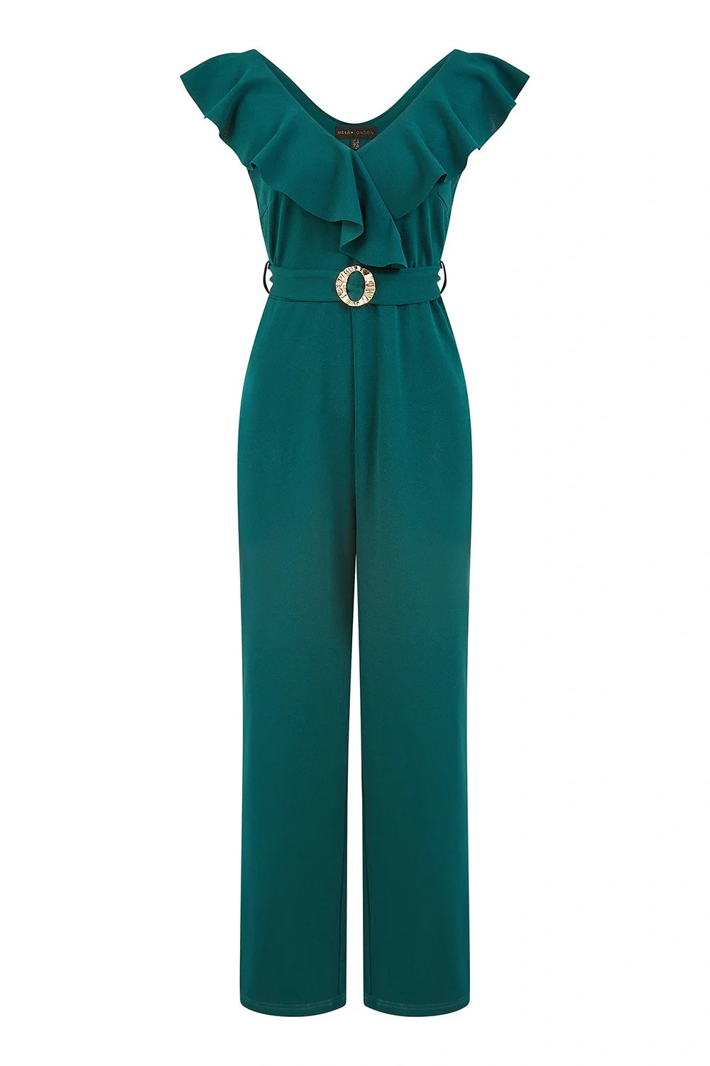 Yumi Green Jumpsuit With Gold Buckle and Frill Detail