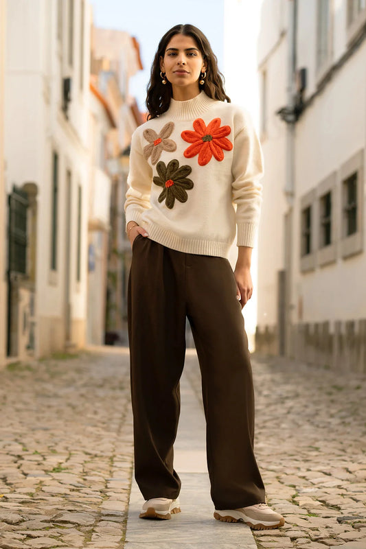 Yumi Ivory Knitted High Neck Jumper With Applique Flowers