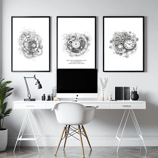 Male Office Decor | Set of 3 Abstract Clocks Wall art Prints
