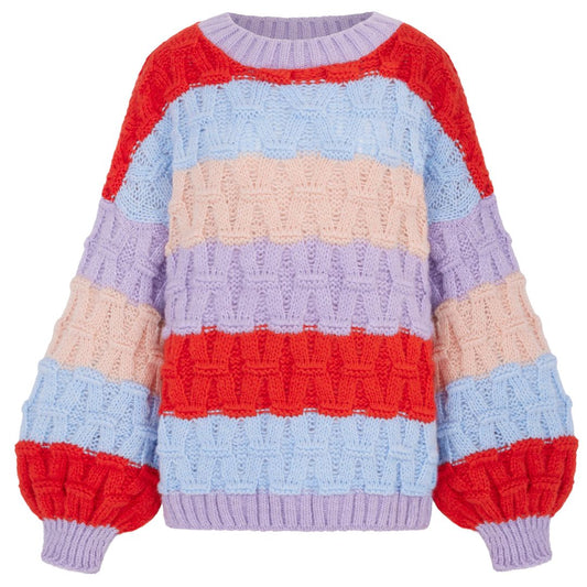 Mandy Criss-Cross Stitch Balloon Sleeve Stripe Jumper - Orange