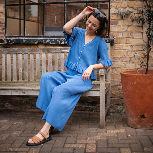 Martha Wide Leg Knitted Trousers - Cornflower Blue