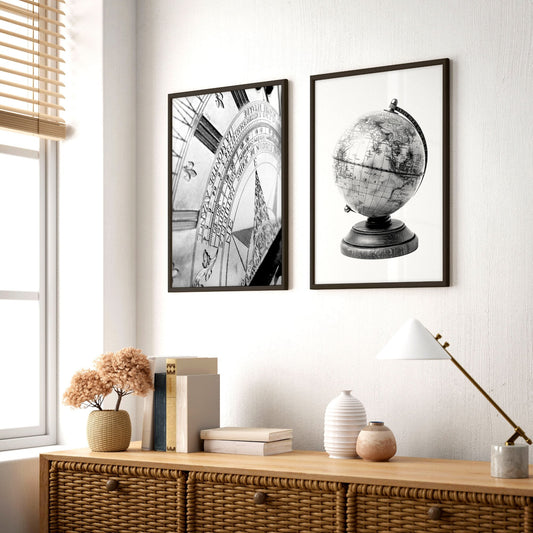 Masculine Wall Art Vintage Sundial & Antique Globe Black and White Art Prints | Set of 2