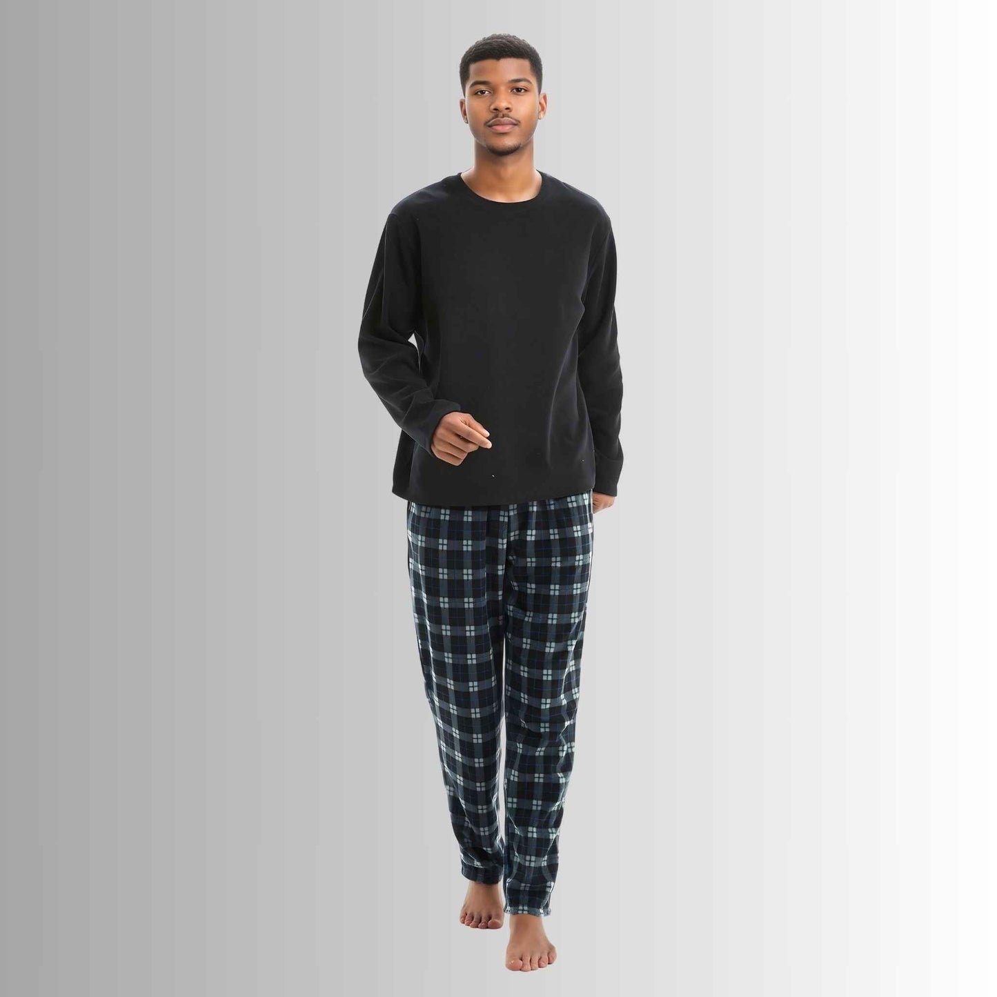 Men's Fleece Pyjama Set - Black Long Sleeve Loungewear