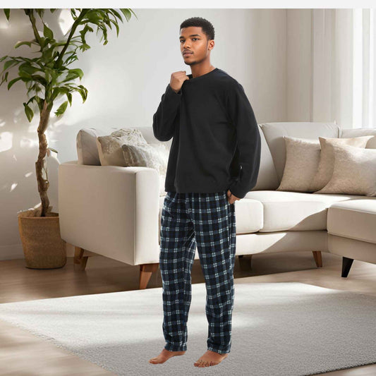 Men's Fleece Pyjama Set - Black Long Sleeve Loungewear