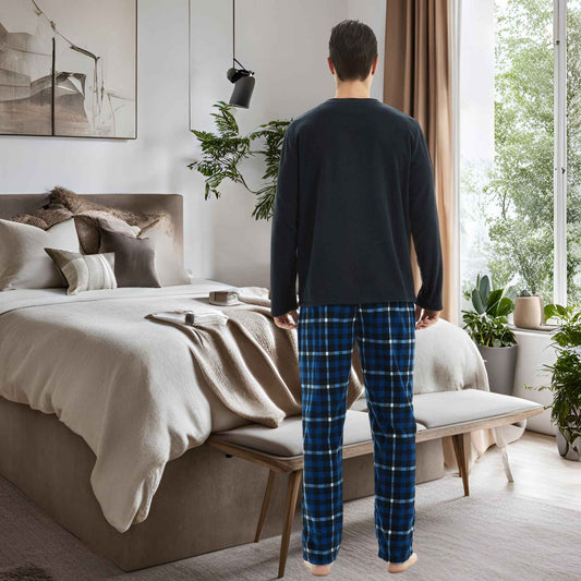 Luxury Navy Check Fleece Pajamas - Men's Warm Winter Pyjama Set