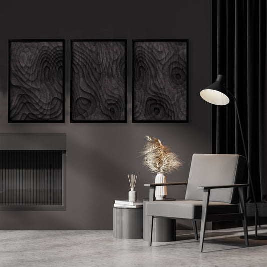 Minimalist Art Dark Charcoal Abstract Topographic Wave Texture Wall Art Prints | Set of 3